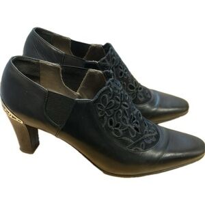 Brighton Rand Black Leather Booties Silver Scroll Metal Heel Embellishment